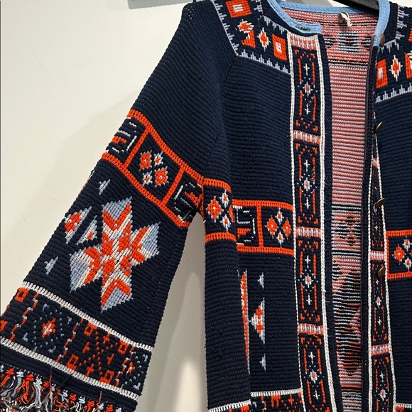 Vintage 1970 Montgomery Ward navy and orange knit native bohemian Cardigan large - Picture 3 of 11